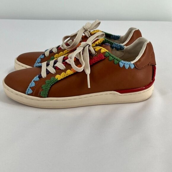 Coach Lowline Low Top Sneaker Size 6 With Rainbow Crochet Brown Leather - Picture 4 of 15